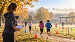 Élèves de primaire courant en binômes sur une boucle de course longue en EPS, encouragés par leur enseignante