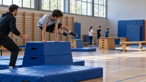 Élève franchissant un plinth en mousse lors d'une séance de parkour en EPS, sous la surveillance de son enseignant