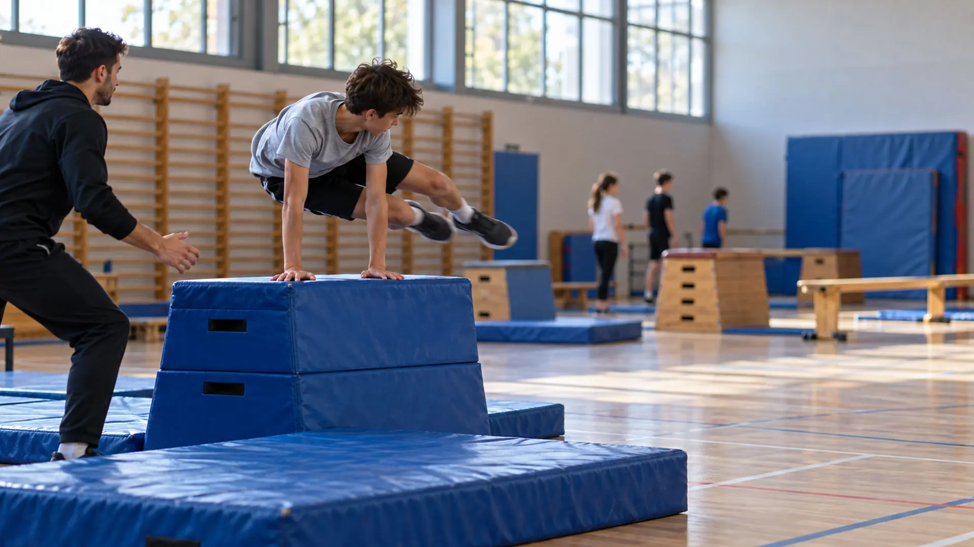 Élève franchissant un plinth en mousse lors d'une séance de parkour en EPS, sous la surveillance de son enseignant